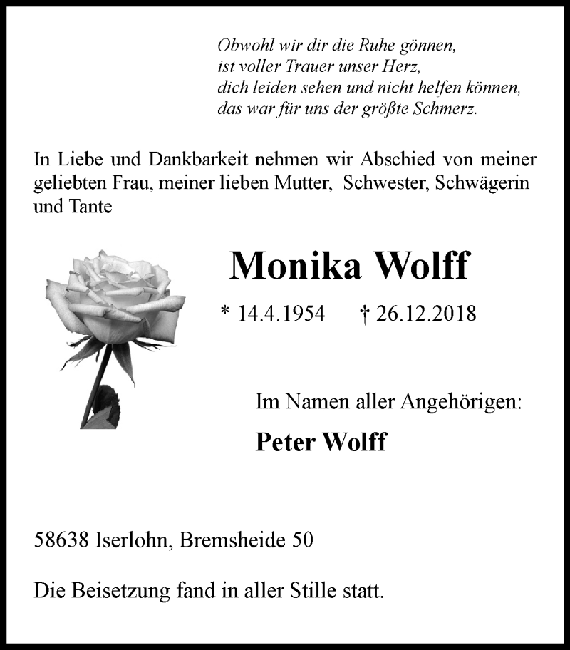  Traueranzeige für Monika Wolff vom 19.01.2019 aus Stadtspiegel Iserlohn + Hemer
