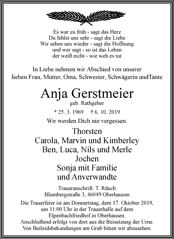  Traueranzeige für Anja Gerstmeier vom 12.10.2019 aus Wochen-Anzeiger Oberhausen