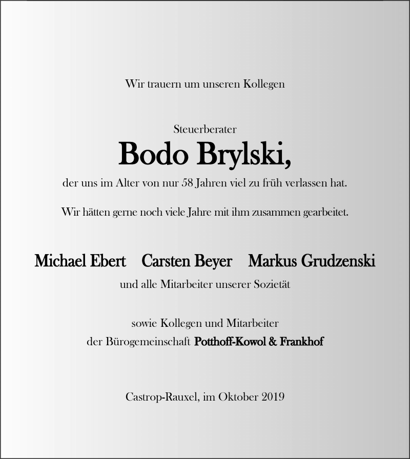  Traueranzeige für Bodo Brylski vom 12.10.2019 aus Stadtanz.Castrop-Rauxel