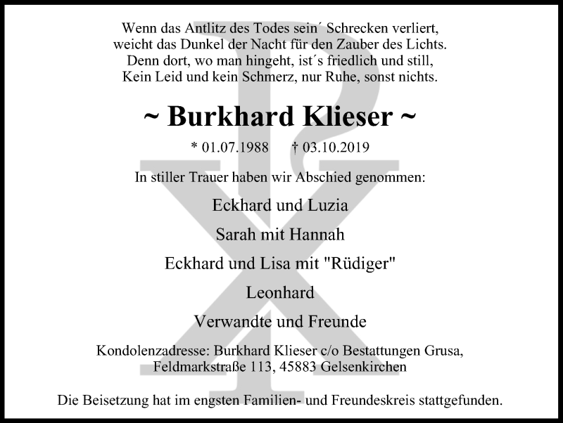  Traueranzeige für Burkhard Klieser vom 16.10.2019 aus Stadtspiegel Gelsenkirchen