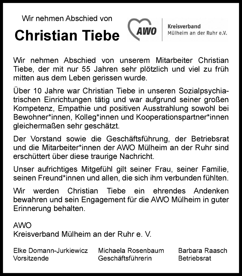  Traueranzeige für Christian Tiebe vom 12.10.2019 aus Mülheimer Woche