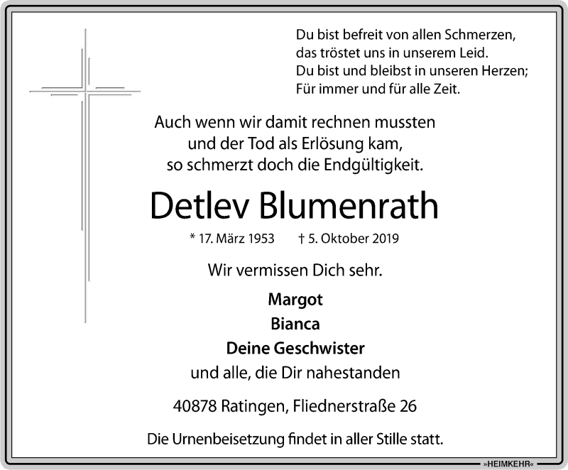  Traueranzeige für Detlev Blumenrath vom 10.10.2019 aus WVW Anzeigenblätter
