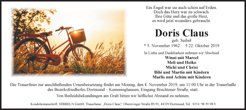  Traueranzeige für Doris Claus vom 26.10.2019 aus Stadtanzeiger Dortmund