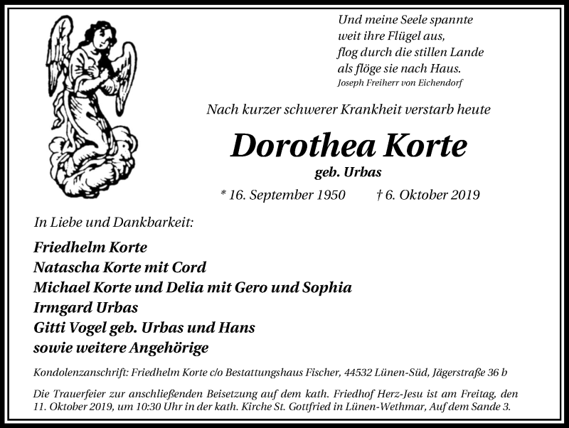 Traueranzeige für Dorothea Korte vom 09.10.2019 aus Lüner Anzeiger