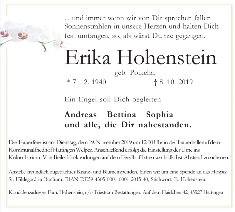  Traueranzeige für Erika Hohenstein vom 12.10.2019 aus Stadtspiegel Hattingen/Niedersprockhövel