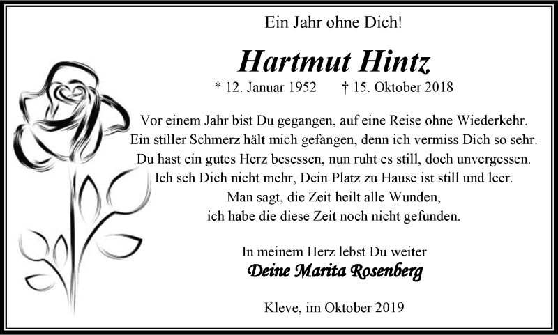  Traueranzeige für Hartmut Hintz vom 12.10.2019 aus Klever Wochenblatt