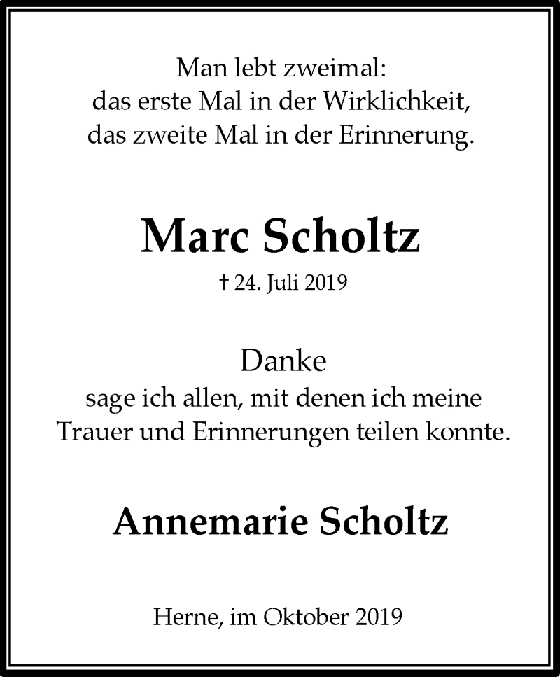  Traueranzeige für Marc Scholtz vom 12.10.2019 aus Wochenblatt Herne/Wanne-Eickel