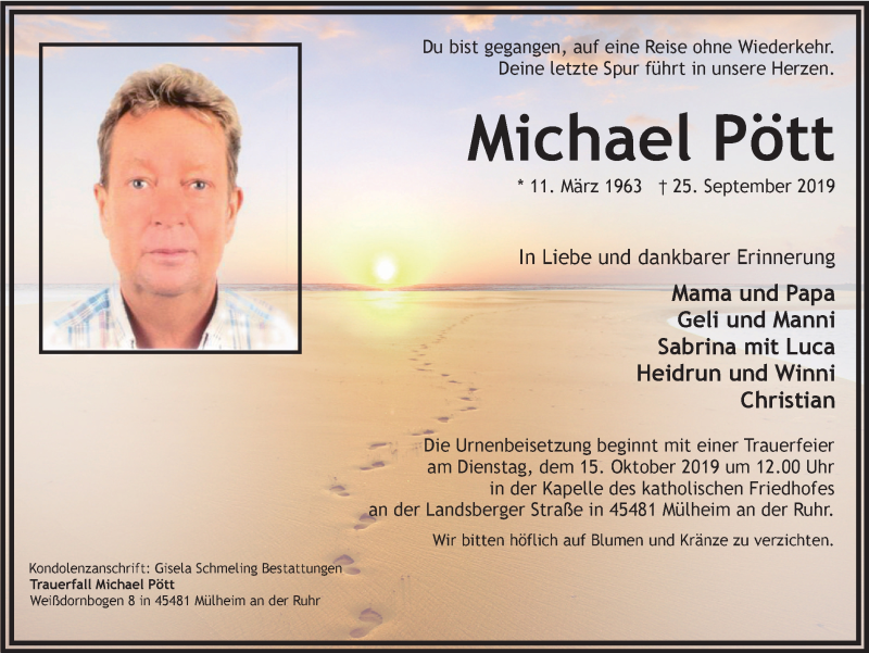  Traueranzeige für Michael Pött vom 09.10.2019 aus Mülheimer Woche