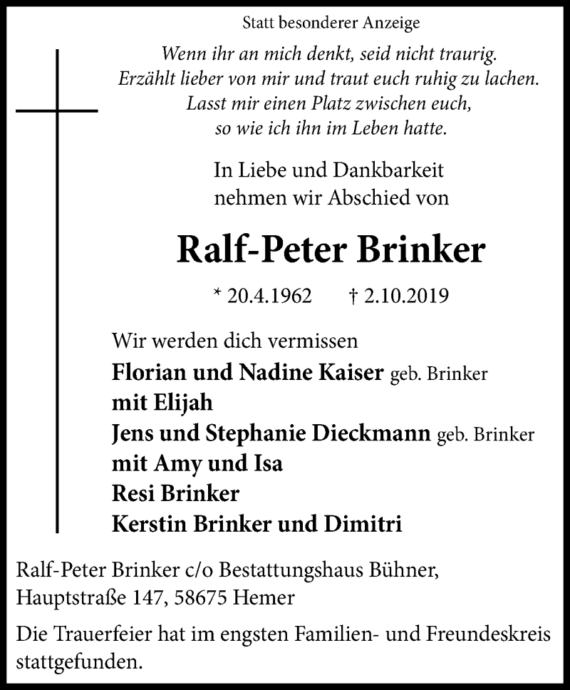 Traueranzeige für Ralf-Peter Brinker vom 12.10.2019 aus Stadtspiegel Iserlohn + Hemer
