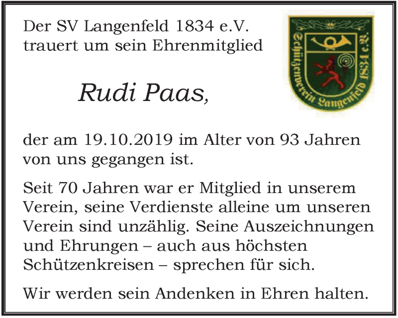  Traueranzeige für Rudi Paas vom 26.10.2019 aus Wochen-Anzeiger Langenfeld/Monheim/Hilden