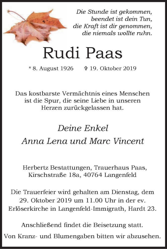  Traueranzeige für Rudi Paas vom 23.10.2019 aus Wochen-Anzeiger Langenfeld/Monheim/Hilden
