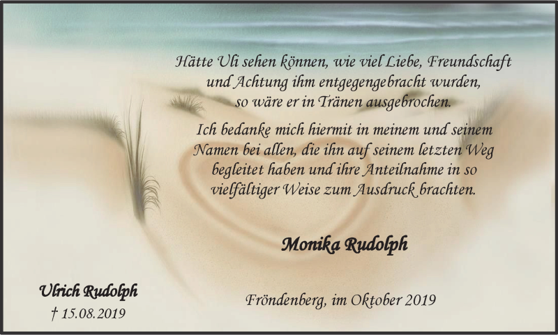  Traueranzeige für Ulrich Rudolph vom 12.10.2019 aus Stadtspiegel Menden + Froendenberg