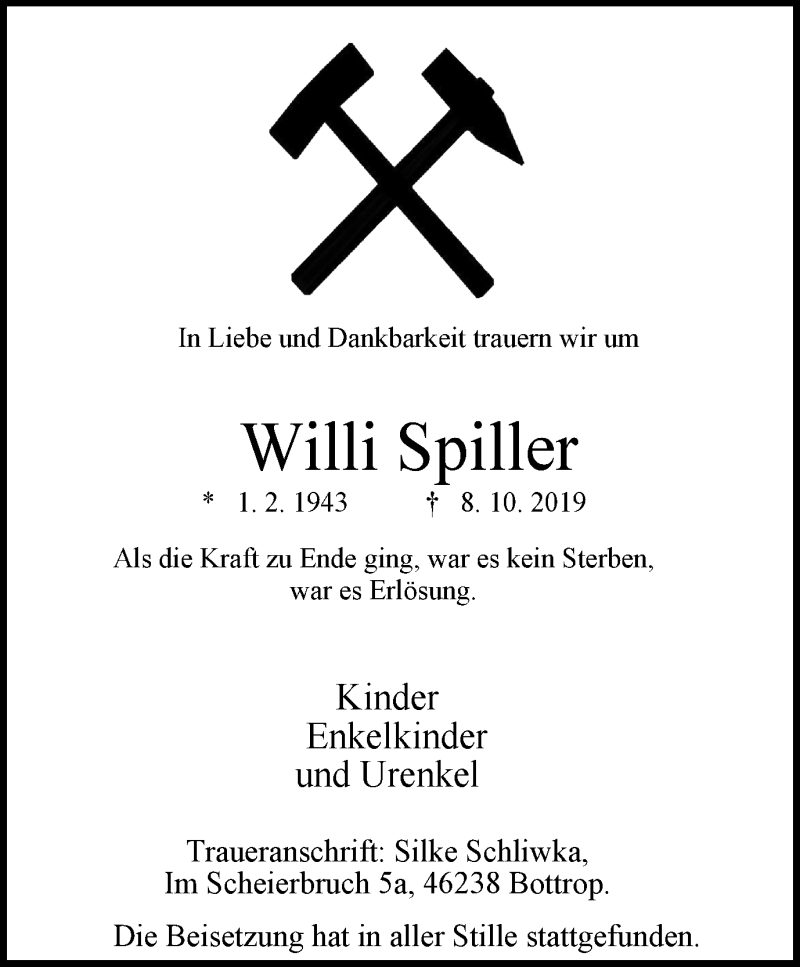 Traueranzeige für Willi Spiller vom 12.10.2019 aus Stadtspiegel Bottrop