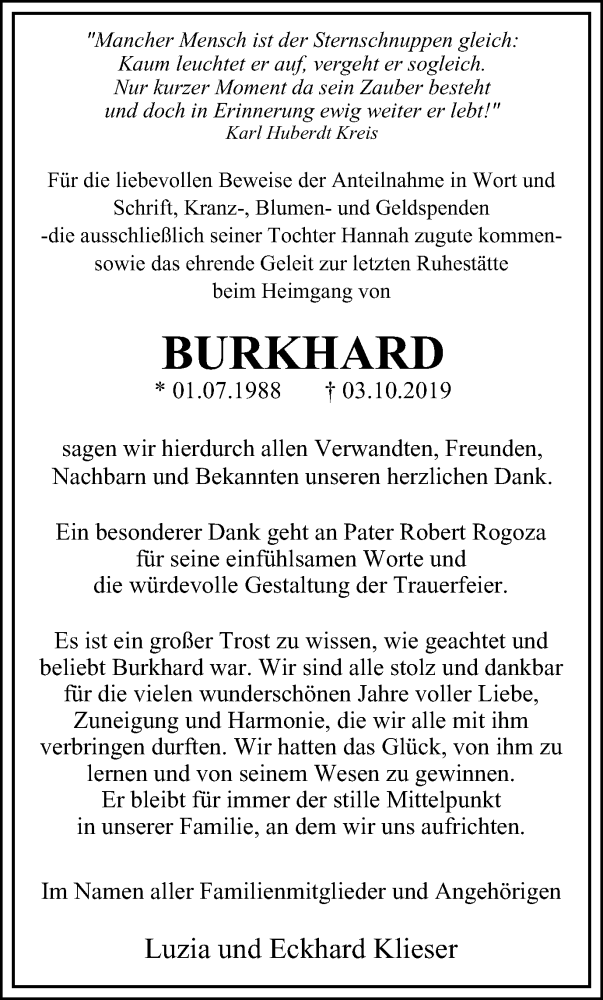  Traueranzeige für Burkhard Klieser vom 16.11.2019 aus Stadtspiegel Gelsenkirchen