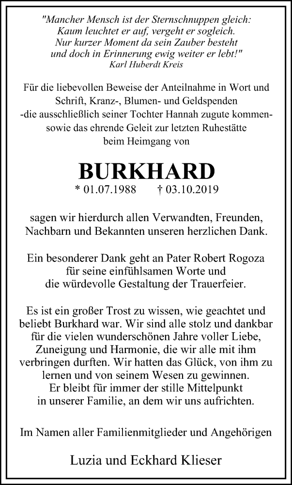  Traueranzeige für Burkhard Klieser vom 09.11.2019 aus Stadtspiegel Gelsenkirchen