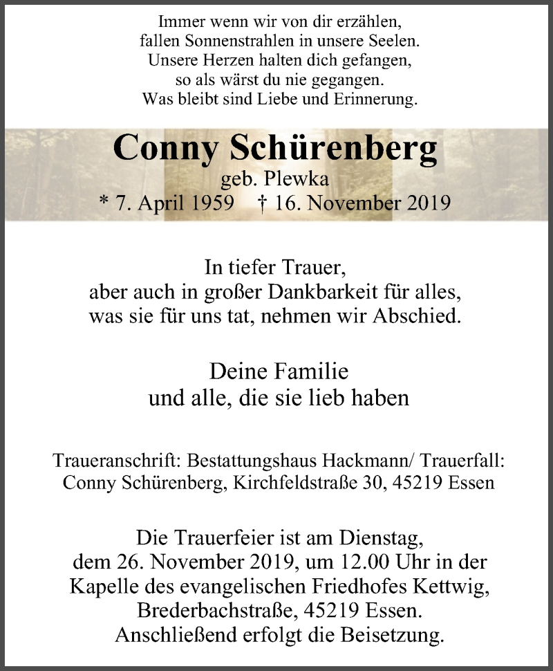  Traueranzeige für Conny Schürenberg vom 23.11.2019 aus Kettwig Kurier
