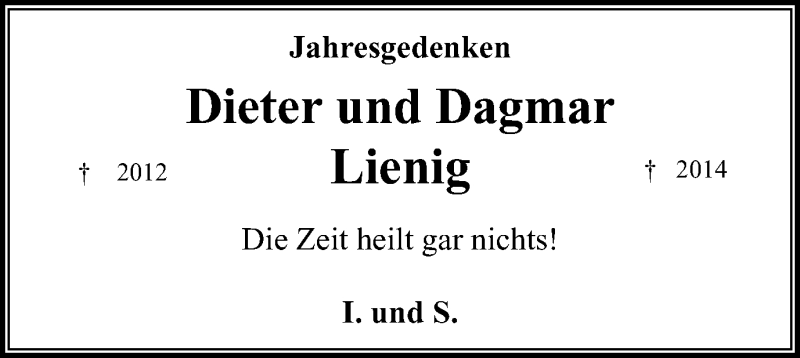  Traueranzeige für Dieter und Dagmar Lienig vom 09.11.2019 aus Wochenblatt Herne/Wanne-Eickel