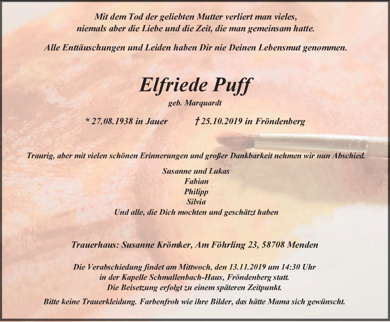  Traueranzeige für Elfriede Puff vom 09.11.2019 aus Stadtspiegel Menden + Froendenberg