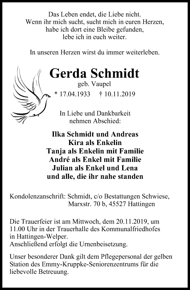  Traueranzeige für Gerda Schmidt vom 16.11.2019 aus Stadtspiegel Hattingen/Niedersprockhövel