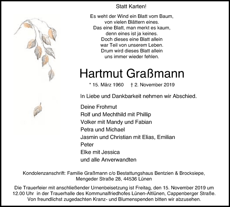  Traueranzeige für Hartmut Graßmann vom 09.11.2019 aus Lüner Anzeiger