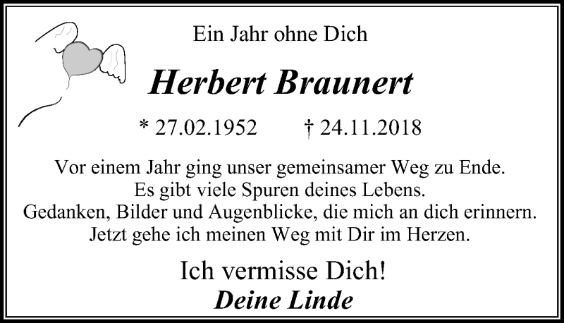  Traueranzeige für Herbert Braunert vom 23.11.2019 aus Wochen-Anzeiger Oberhausen