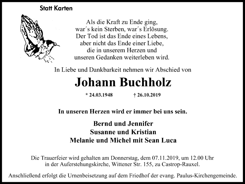  Traueranzeige für Johann Buchholz vom 06.11.2019 aus Stadtanz.Castrop-Rauxel