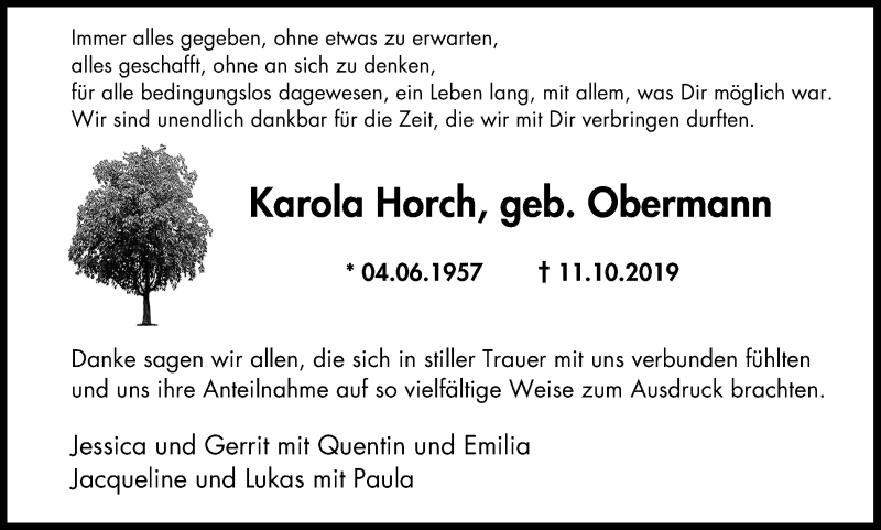  Traueranzeige für Karola Horch vom 06.11.2019 aus Der Weseler + Der Xantener