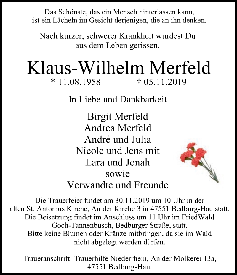  Traueranzeige für Klaus-Wilhelm Merfeld vom 23.11.2019 aus Klever Wochenblatt