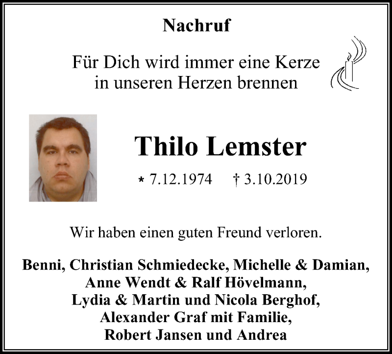  Traueranzeige für Thilo Lemster vom 09.11.2019 aus Stadtspiegel Gelsenkirchen