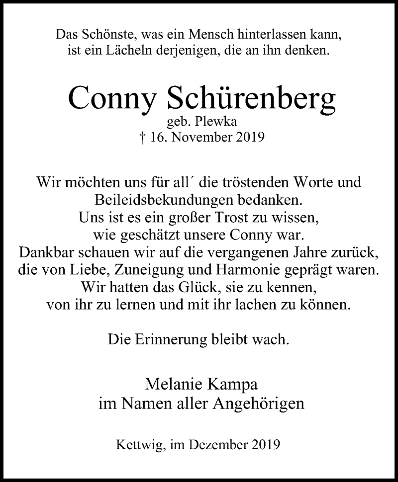 Traueranzeige für Conny Schürenberg vom 14.12.2019 aus Kettwig Kurier