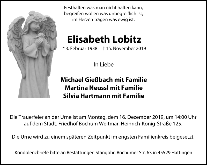  Traueranzeige für Elisabeth Lobitz vom 07.12.2019 aus Stadtspiegel Hattingen/Niedersprockhövel