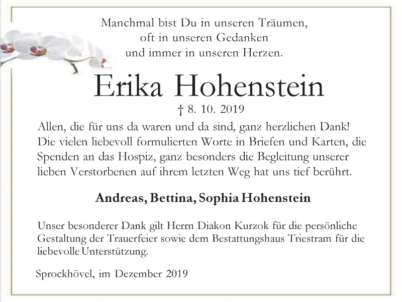  Traueranzeige für Erika Hohenstein vom 07.12.2019 aus Stadtspiegel Hattingen/Niedersprockhövel