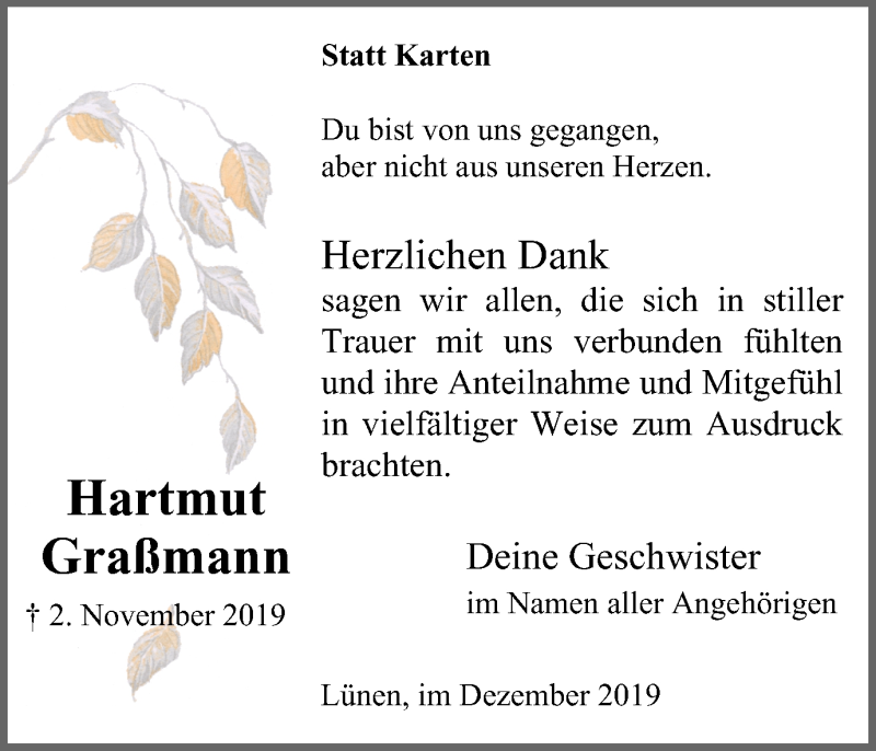  Traueranzeige für Hartmut Graßmann vom 21.12.2019 aus Lüner Anzeiger