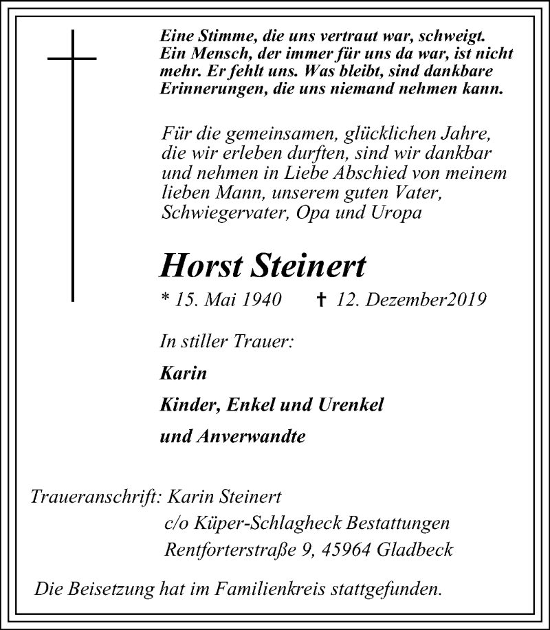  Traueranzeige für Horst Steinert vom 18.12.2019 aus Stadtspiegel Gladbeck