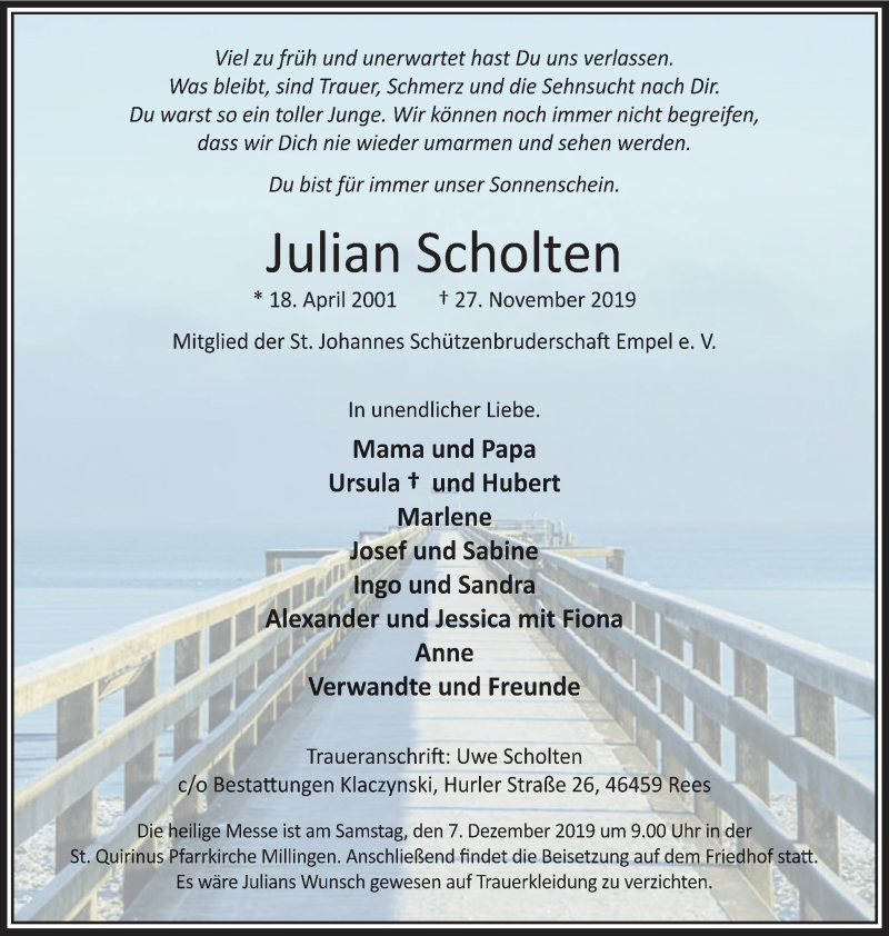  Traueranzeige für Julian Scholten vom 04.12.2019 aus Stadtanzeiger Emmerich/Rees/Isselburg