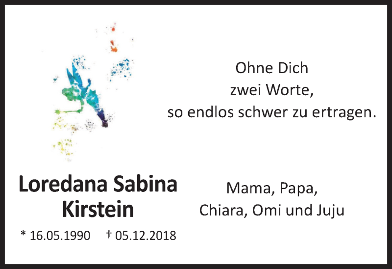  Traueranzeige für Loredana Sabina Kirstein vom 07.12.2019 aus Wochen-Anzeiger Oberhausen