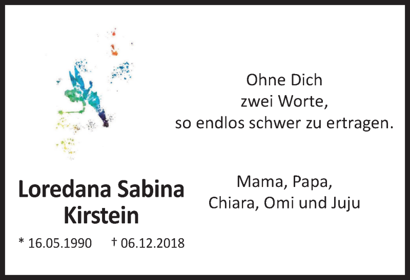  Traueranzeige für Loredana Sabina Kirstein vom 04.12.2019 aus Wochen-Anzeiger Oberhausen