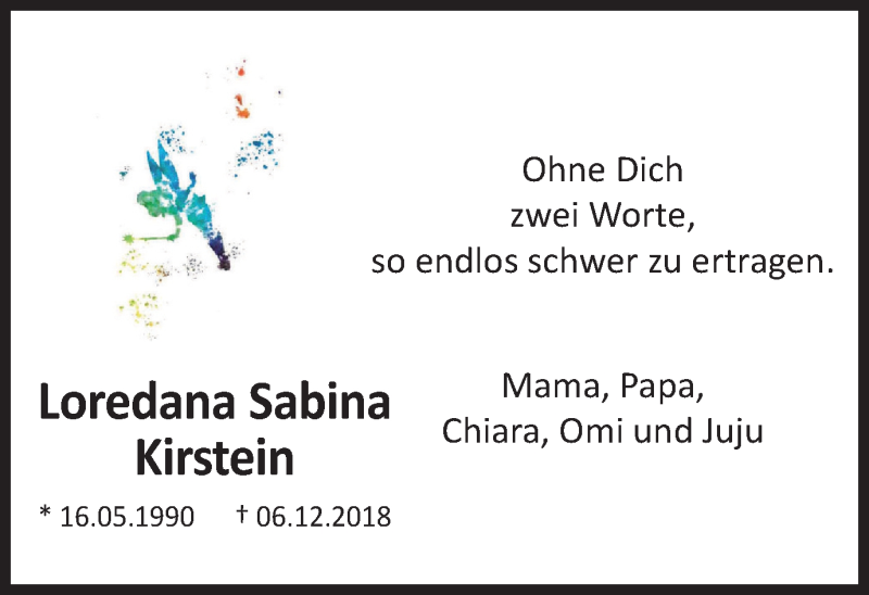  Traueranzeige für Loredana Sabina Kirstein vom 04.12.2019 aus Stadtspiegel Bottrop