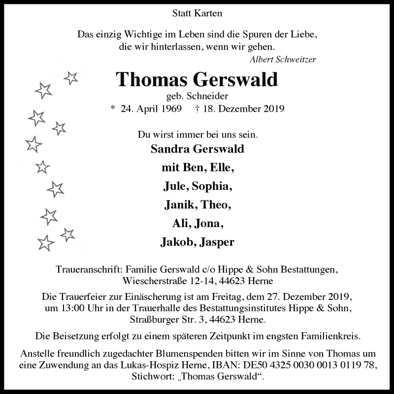  Traueranzeige für Thomas Gerswald vom 21.12.2019 aus Wochenblatt Herne/Wanne-Eickel