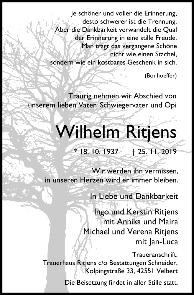  Traueranzeige für Wilhelm Ritjens vom 30.11.2019 aus Stadtanzeiger Velbert + Heiligenhaus