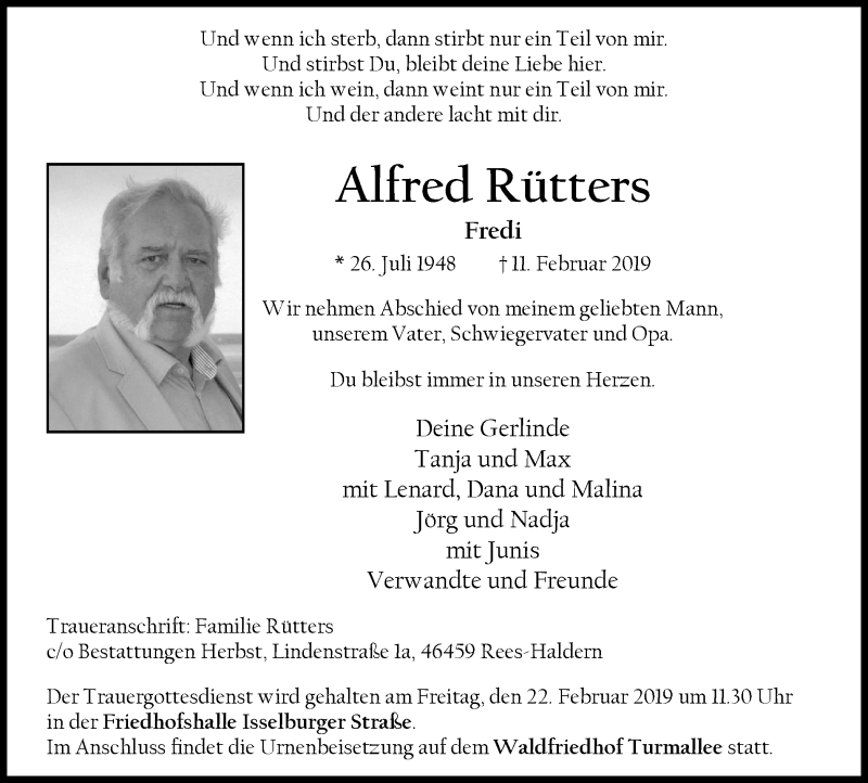  Traueranzeige für Alfred Rütters vom 16.02.2019 aus Stadtanzeiger Emmerich/Rees/Isselburg