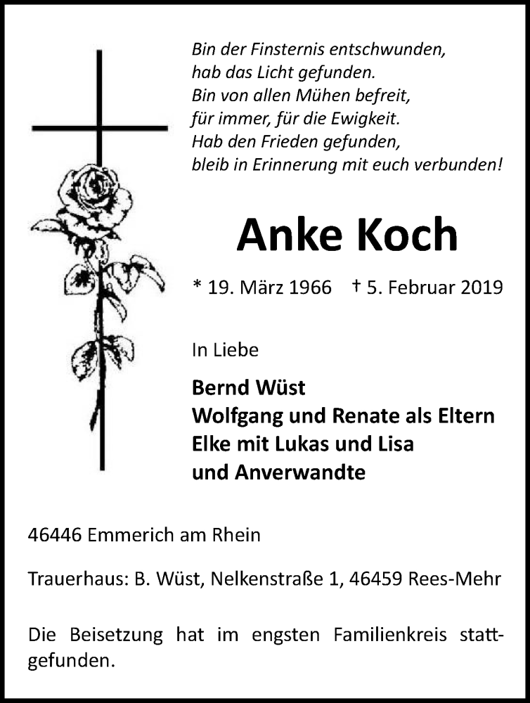  Traueranzeige für Anke Koch vom 20.02.2019 aus Stadtanzeiger Emmerich/Rees/Isselburg