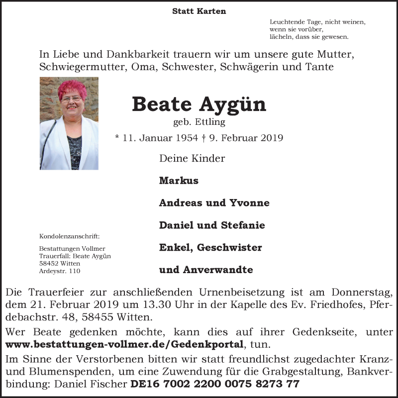  Traueranzeige für Beate Aygün vom 16.02.2019 aus Witten aktuell
