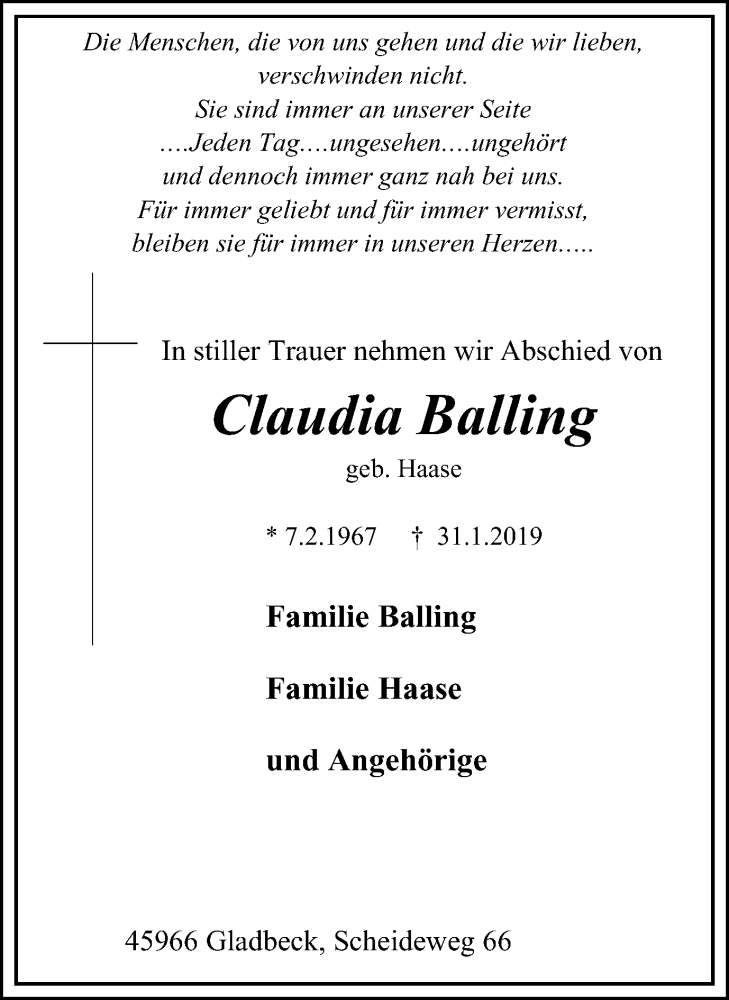  Traueranzeige für Claudia Balling vom 09.02.2019 aus Stadtspiegel Gladbeck