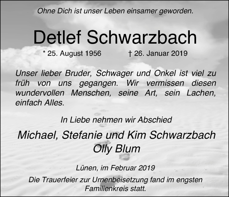  Traueranzeige für Detlef Schwarzbach vom 16.02.2019 aus Lüner Anzeiger