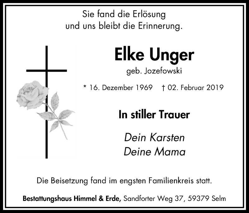 Traueranzeige für Elke Unger vom 13.02.2019 aus Lüner Anzeiger