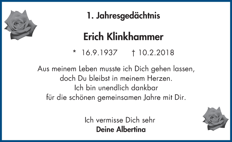  Traueranzeige für Erich Klinkhammer vom 13.02.2019 aus Wochen-Anzeiger Oberhausen