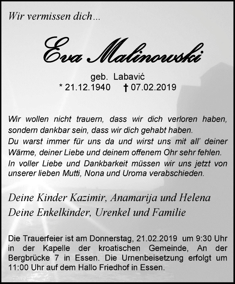  Traueranzeige für Eva Malinowski vom 16.02.2019 aus Nord Anzeiger Essen