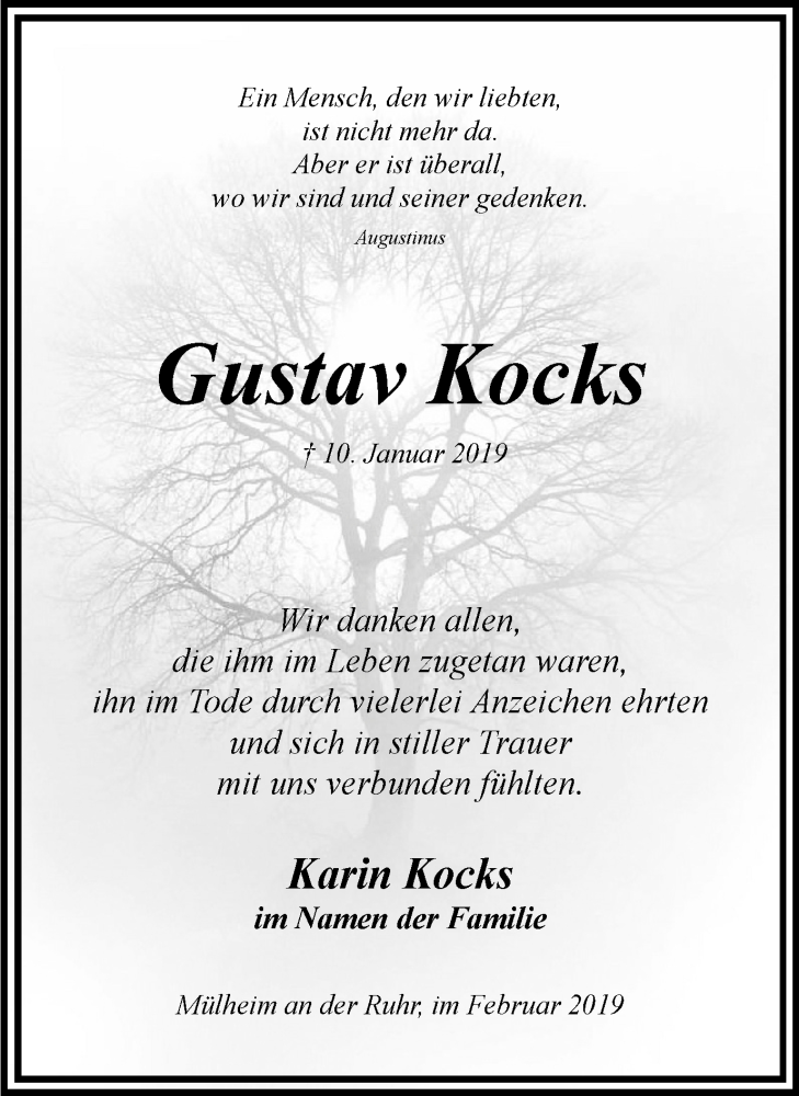  Traueranzeige für Gustav Kocks vom 09.02.2019 aus Mülheimer Woche