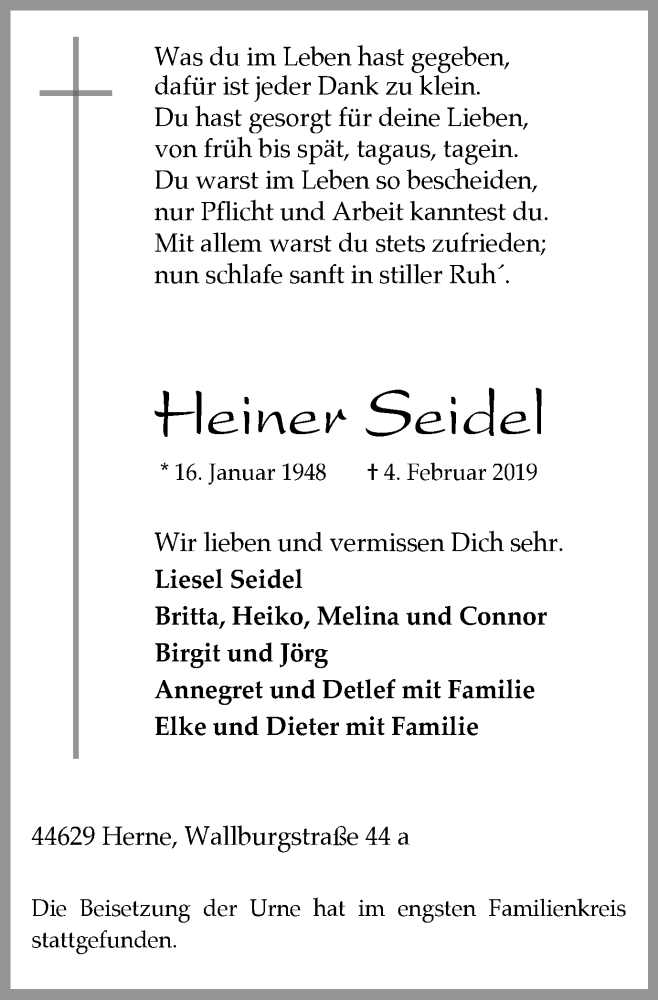 Traueranzeige für Heiner Seidel vom 16.02.2019 aus Wochenblatt Herne/Wanne-Eickel